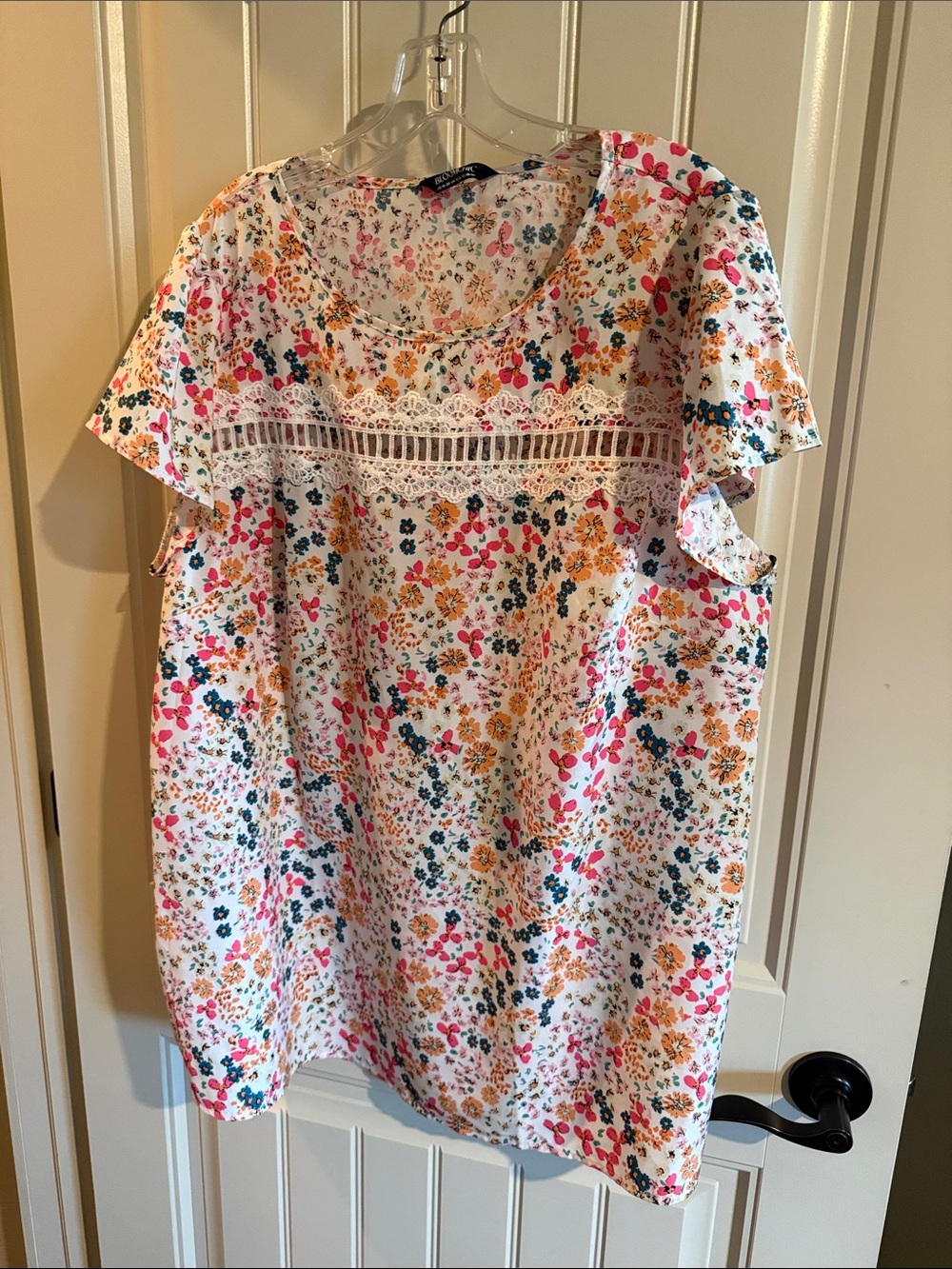 BloomChic White Short Sleeve Blouse with Pink, orange & Blue Flowers